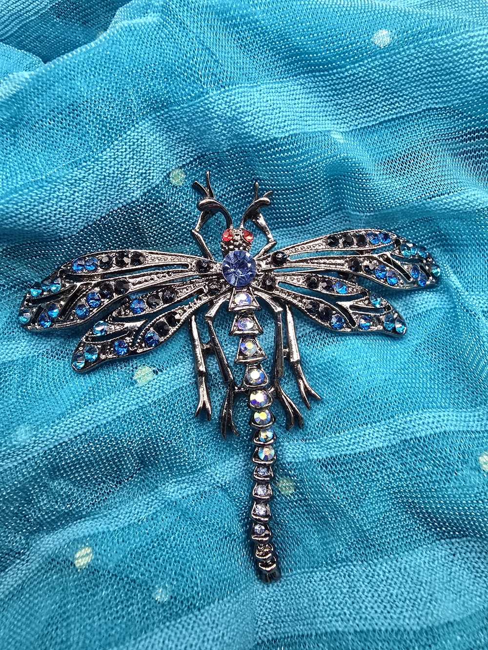 Blue Crystal Dragonfly Brooch with Multitone Accents - Women Jewelry